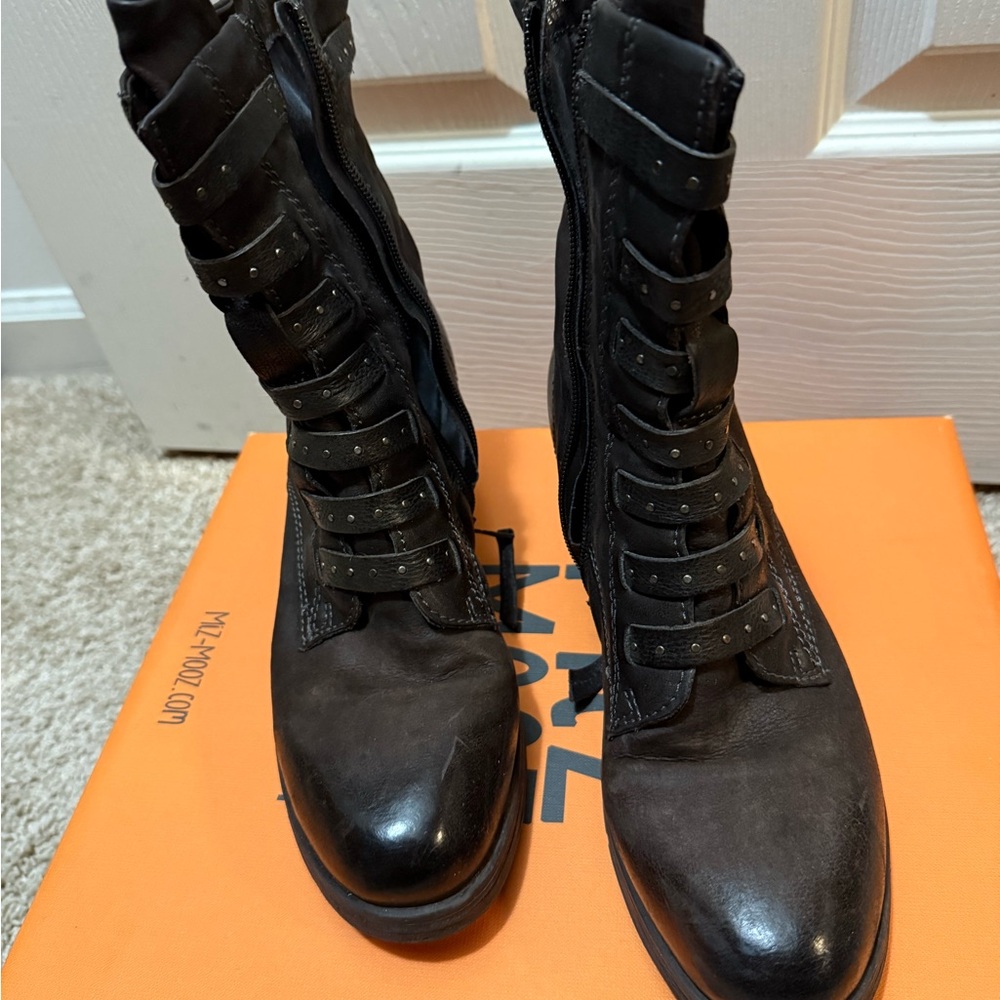 Miz Mooz Mocha Boot Graphic in Orange Shoe Box.